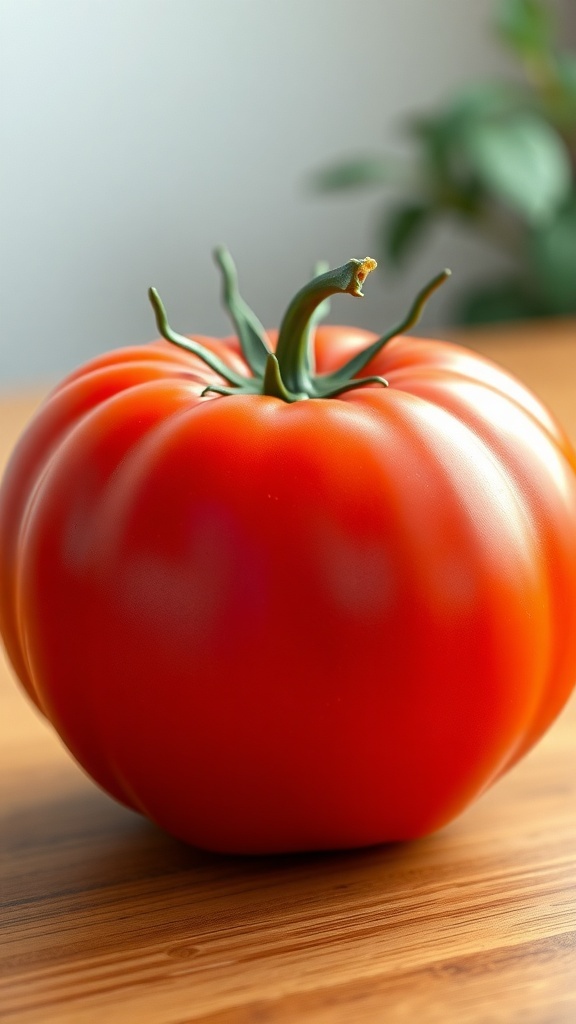 A realistic 3D rendered tomato on a wooden table with soft lighting.